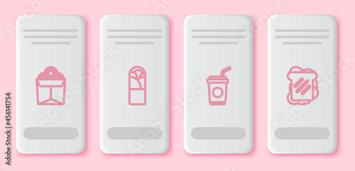 Set line Noodles in box, Doner kebab, Paper glass with straw and Sandwich. White rectangle button. Vector
