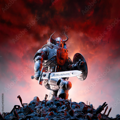 Dekoracja na wymiar  futuristic-viking-warrior-battle-3d-illustration-of-science-fiction-barbarian-robot-knight-with-horned-helmet-battle-sword-and-shield-standing-on-human-skulls-and-debris