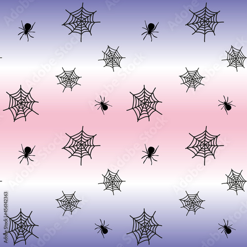 Mystique spider Halloween seamless pattern with black silhouettes on purple and pink ombre gradient for wrapping, party decoration.