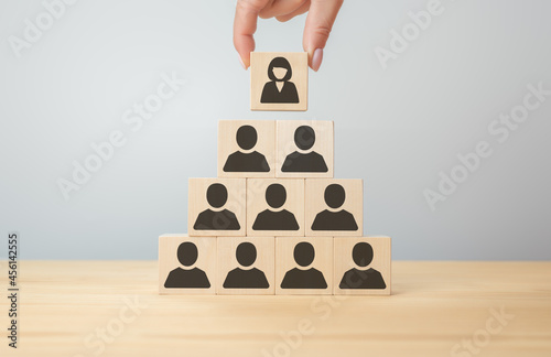 female leader at the head of the organization. appointment of woman to senior position. choosing a woman as a company manager. hand selects wooden cube with an icon of business woman photo