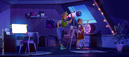 Mother and daughter look in telescope from attic room, young girl with mom explore moon and stars on dark night sky. Astronomy science learning, space exploration hobby, Cartoon vector illustration