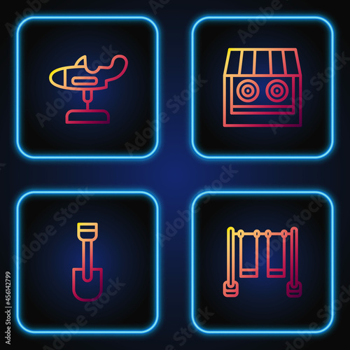 Set line Double swing, Shovel toy, Swing plane and Shooting gallery. Gradient color icons. Vector