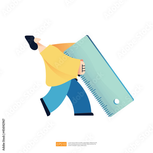 people character pull giant ruler for measurement. Flat design vector illustration