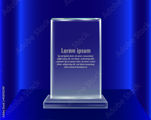 Realistic rectangle glass plaque award, glass medal  isolated perspective gradient blue color