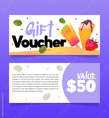 Gift voucher template with ice cream illustration and value. Vector coupon for sweet shop, cafe or gelateria with cartoon popsicle and ice cream in wafer cone. Promo flyer with present