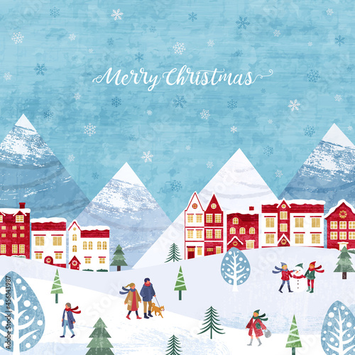 雪が降るクリスマスの街並みと人々の冬のベクターイラスト背景(christmas, Merrychristmas,冬)