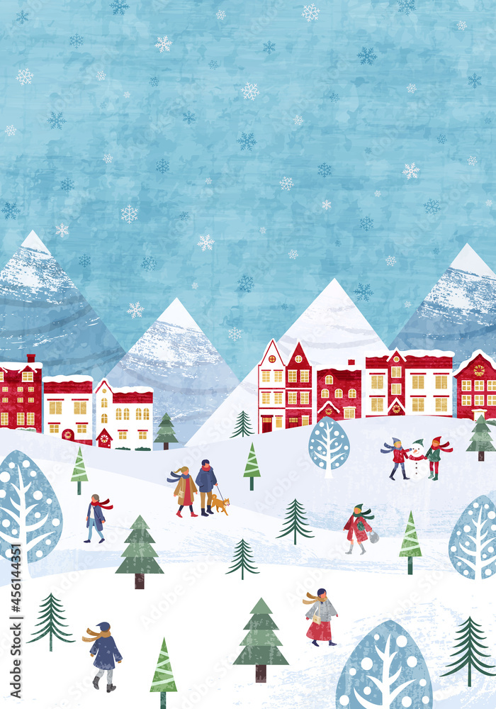 雪が降るクリスマスの街並みと人々の冬のベクターイラスト背景 Christmas Merrychristmas 冬 Stock ベクター Adobe Stock