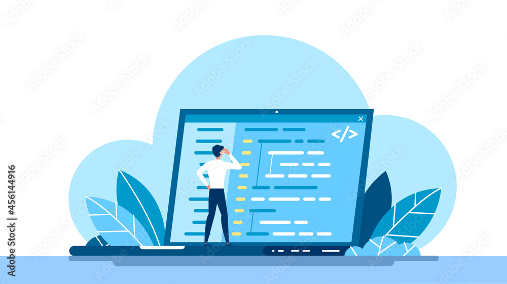 Concept of script coding and programming. JavaScript, PHP, Python, HTML, other languages. Programmer working on web development on the laptop. Software developers. Flat vector cartoon illustration.