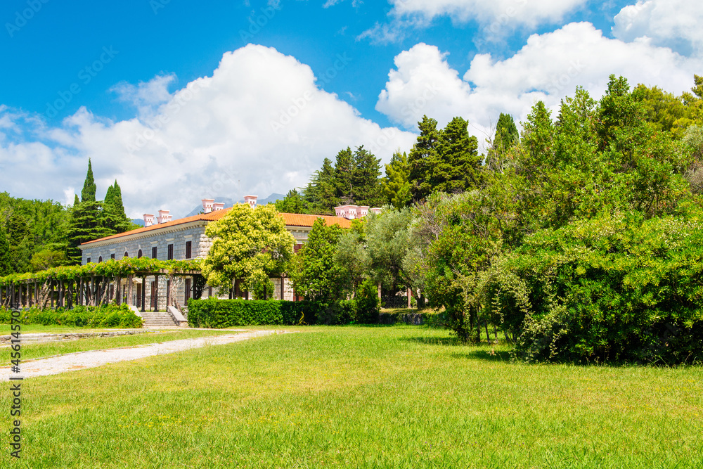 Panoramic summer landscape of the former summer residence Villa Milocer