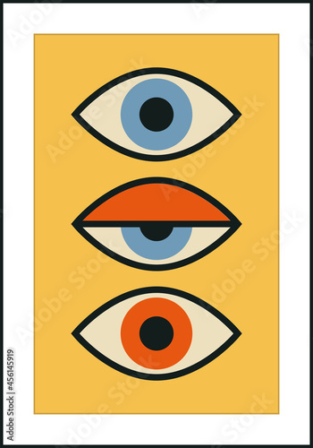 Minimalist 20s geometric design poster with human eye, vector template