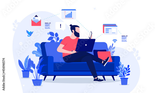 Working from home - Casual man sitting in sofa doing work on computer and phone. Remote work concept. Vector flat design illustration