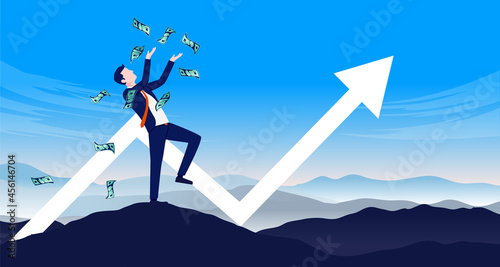 Business profits - Rich businessman throwing money in air with arrow pointing upwards. Economic success concept, vector illustration.