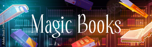 Flying magic books with mystery glow and sparkles in library with bookcases. Vector poster of literature presentation, festival or fair with fantasy cartoon illustration