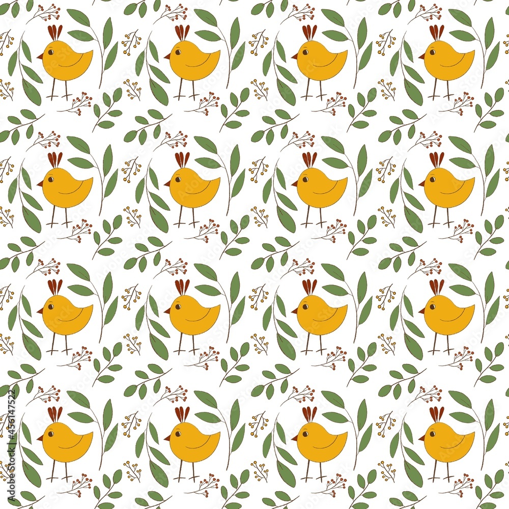 Seamless cute pattern with animal for kid room, wallpaper, textile, clothes, cover, background. Yellow birds with green plants on the white background.