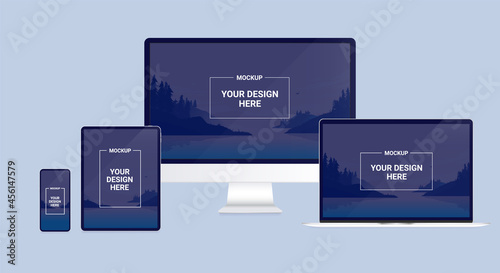 Computer screens mockup - Template with computer, tablet and mobile device screen to put your own design. Vector illustration