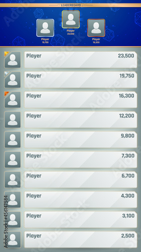 Leaderboard design with blue and gold page header. List of ten players with score. Golden avatar frames and futuristic winner badges. Eps10 vector