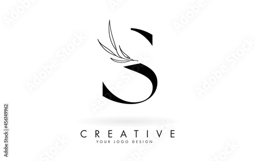 S letter logo design with elegant and slim leaves vector illustration.