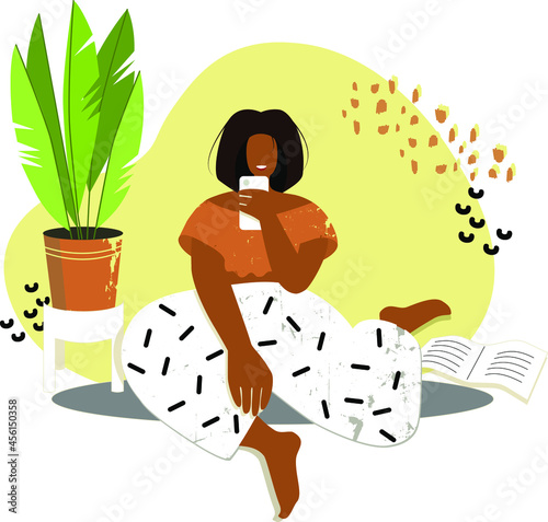 Vector illustration. A girl with her phone sitting on the floor, looking and taking selfies in a room with a potted plant and a book