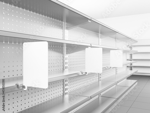 Supermarket Shelves With Attached Banner Or Wobbler. Blank Shelf Flag Display Mock-up. 3D rendering
