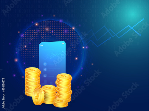 3D Illustration Of Smartphone Crypto Stats With Golden Bitcoin Stack On Blue Digital Connection Lines Background.