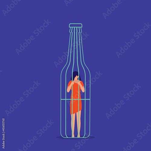 Alcohol Addiction Concept. Young Alcoholic Woman Trapped Inside A Prisoner Cage In Beer Bottle Shape.