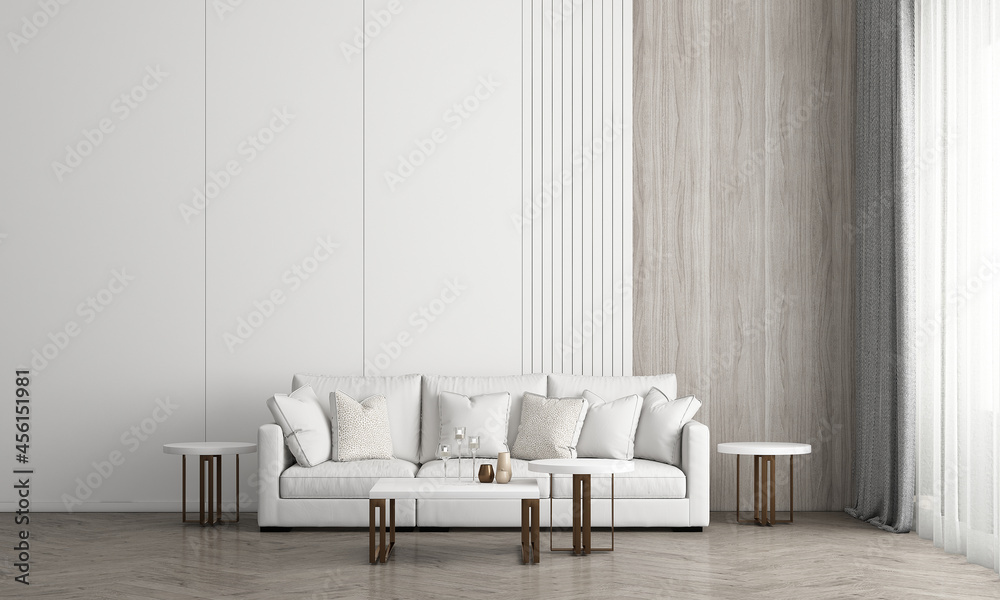 Modern living room interior design and white and wood texture wall