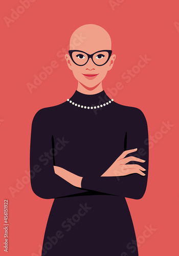 Portrait of a bald young woman with crossed arms.  Alopecia and hair loss. Diversity. Vector flat illustration