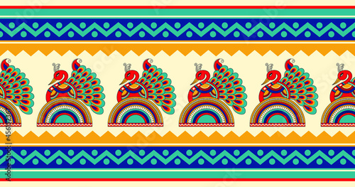 Seamless colorful traditional Asian peacock border design