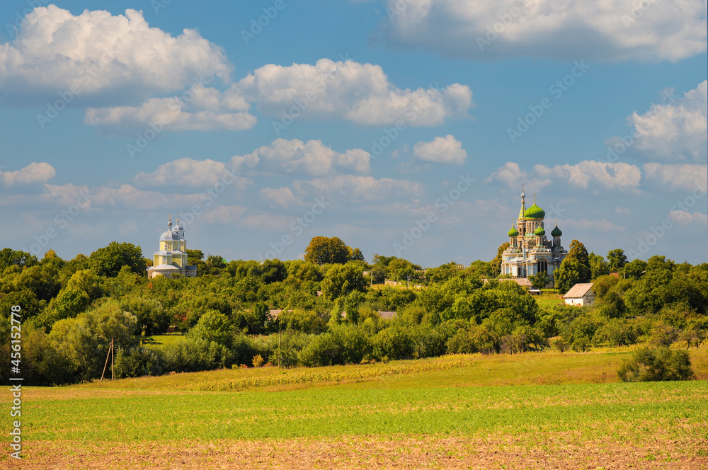 Panoramic view of Bila Krynytsia village, Chernivtsi region, Ukraine with orthodox Old-Rite churches