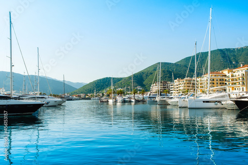 Sunset view of the yacht marina in Porto Montenegro