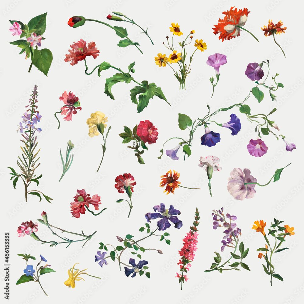 Summer flower vector set illustration, remixed from artworks by Jacques-Laurent Agasse
