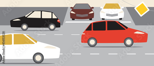 Cars on the main road, Flat vector stock illustration with Road sign and Priority of car movement in busy traffic