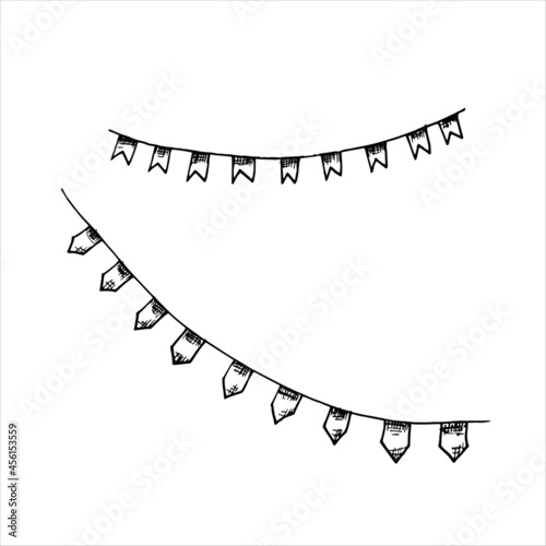garland with pointed flags - interior decor in engraving style hand drawn vector sketch