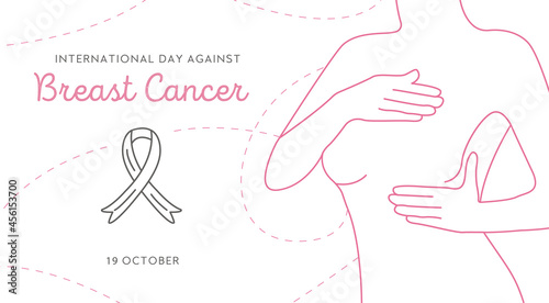 International Day Against Breast Cancer. Line art woman and outline awareness ribbon on background. Vector horizontal web banner with female outline silhouette on white background.