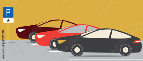 Cars in a wheelchair parking, road sign, flat vector stock illustration with inclusive parking lot or personal transport of a disabled person