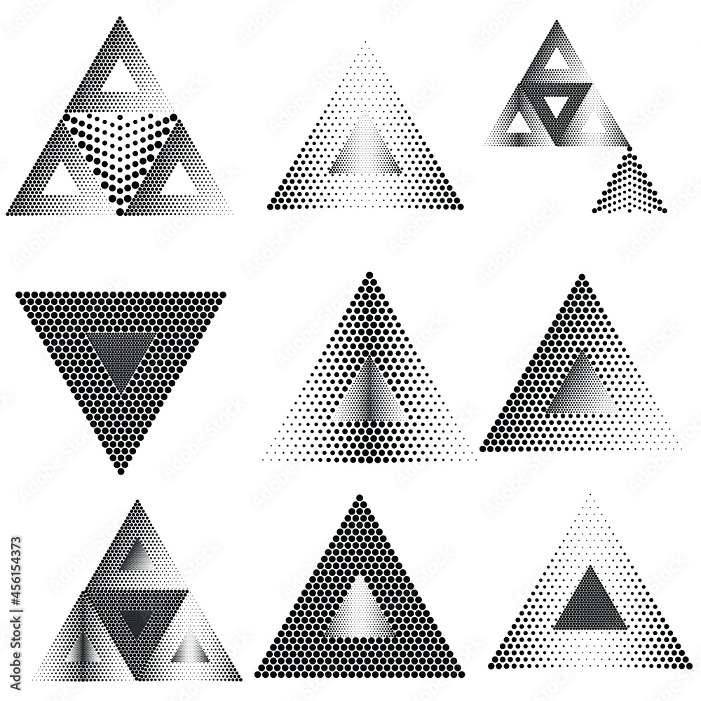 Fototapeta premium Set of abstract design elements. Vector illustration. Geometric shapes . Triangles with halftone dots