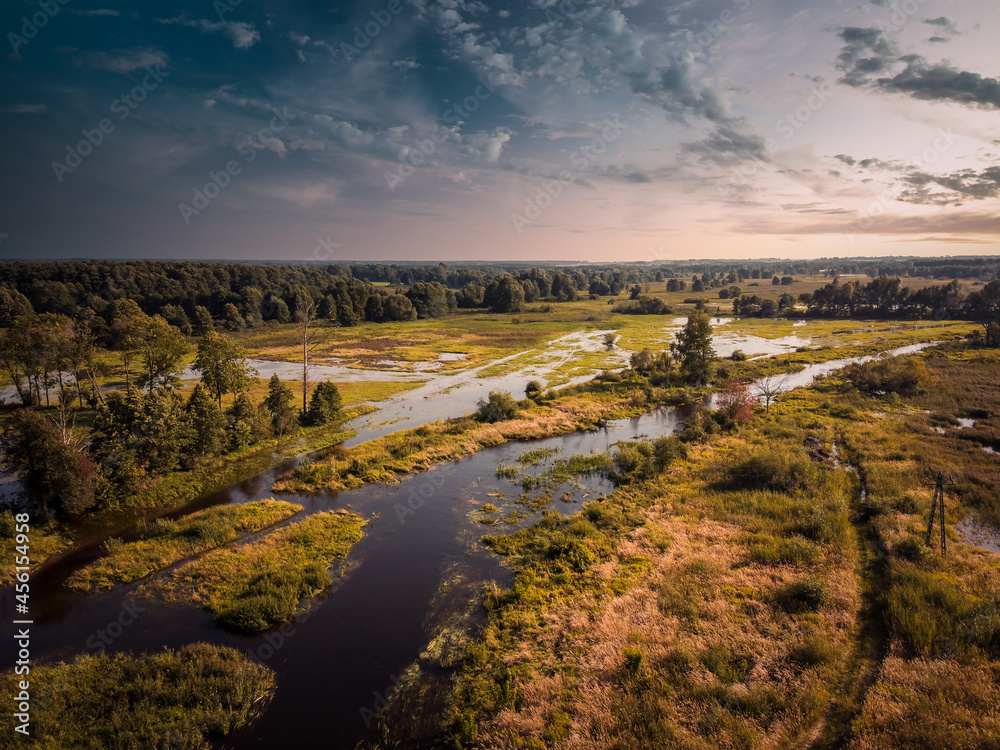 Flight over the small river in the center of Poland. 