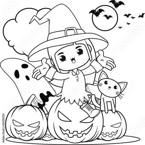 Halloween coloring book cute little girl witch