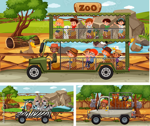 Different safari scenes with animals and kids cartoon character