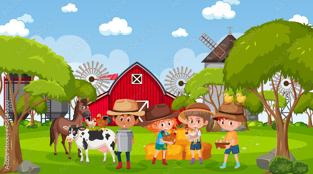 Farm scene with many kids and farm animals Farm scene with many kids and farm animals