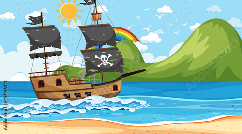 Ocean with Pirate ship at day time scene in cartoon style