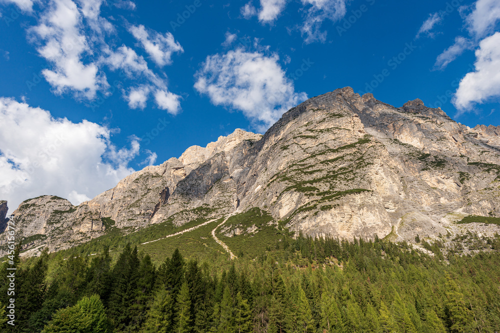 Mountain range of the Pomagagnon (2450 m.), Dolomites, UNESCO world heritage site, Italian Alps, near the small village of Cortina D’Ampezzo, tourist resort in Belluno province, Veneto, Italy, Europe.