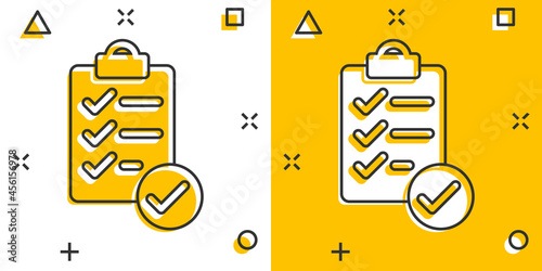 To do list icon in comic style. Document checklist cartoon vector illustration on white isolated background. Notepad check mark splash effect business concept.