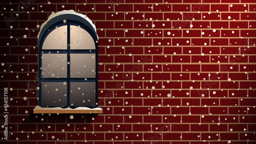 Celebrate Christmas with the family. Window illuminated  while it is snowing outside. Vector illustration with copy space for winter background