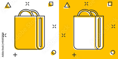 Shopping bag icon in comic style. Handbag cartoon sign vector illustration on white isolated background. Package splash effect business concept.