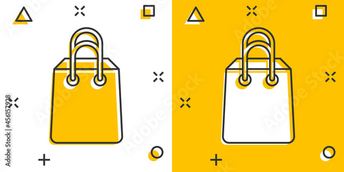 Shopping bag icon in comic style. Handbag cartoon sign vector illustration on white isolated background. Package splash effect business concept.