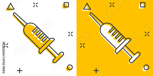Syringe icon in comic style. Inject needle cartoon vector illustration on white isolated background. Drug dose splash effect business concept.