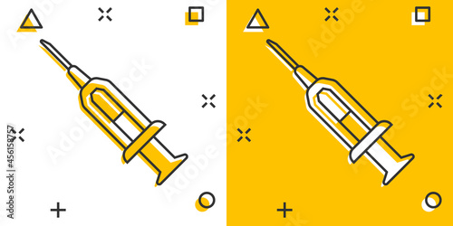 Syringe icon in comic style. Inject needle cartoon vector illustration on white isolated background. Drug dose splash effect business concept.