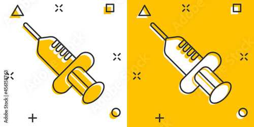 Syringe icon in comic style. Inject needle cartoon vector illustration on white isolated background. Drug dose splash effect business concept.