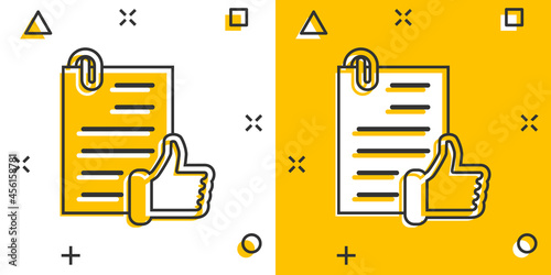Approved document icon in comic style. Authorize cartoon vector illustration on white isolated background. Agreement check mark splash effect business concept.